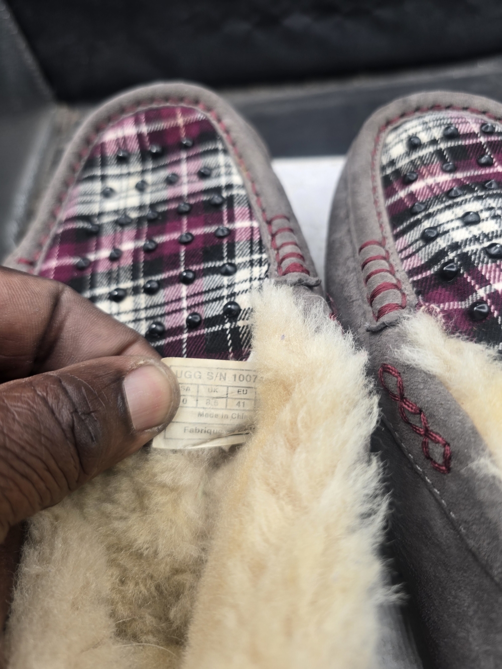 UGG Men’s Gray Suede Moccasins with Burgundy Plaid Panels